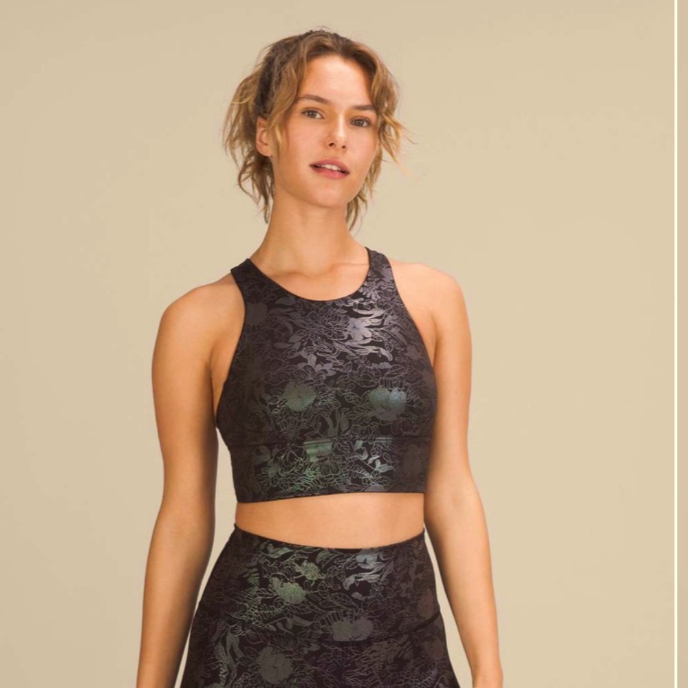 NWT Lululemon Wunder Train Longline Bra Sz4, Logo Flourish Black Iridescent Foil